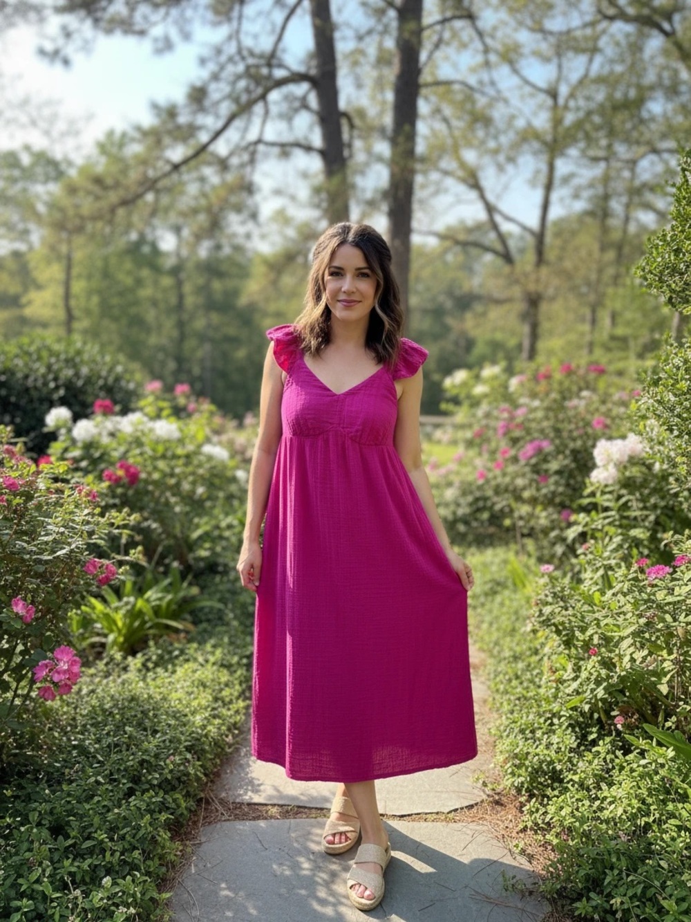Time and Tru Fuchsia Ruffle Strap Midi Dress
